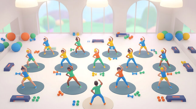 Group of people performing indoor fitness aerobics training in a bright colorful 3D illustrated studio