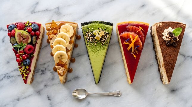 Assortment of Premium Variety Cheesecake Slices with Mixed Berries and Figs, Banana Caramel, Matcha Green Tea, Blood Orange Citrus, and Tiramisu on a Marble Board
