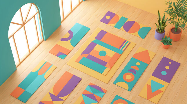 Colorful geometric pattern yoga mats arranged indoors on wooden floor with potted plants and arched window