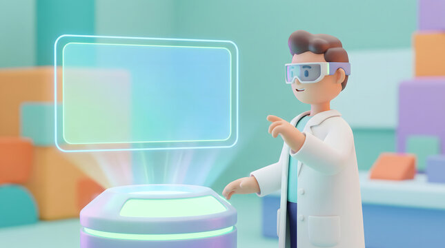 Scientist wearing AR glasses operates a holographic projection device in a futuristic lab setting