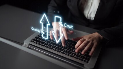 Fototapeta premium Business concept showing cost reduction and quality increase using Lean, Six Sigma, and Total Quality Management (TQM) to enhance efficiency, value, and customer satisfaction. Muxer