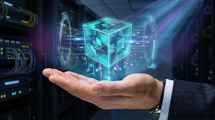 Fototapeta premium Hand presenting glowing digital cube in server room with futuristic data visualization