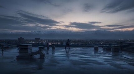 Fototapeta premium Man Training Boxing on Wet Rooftop at Dawn Overlooking City and Mountains