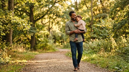 Obraz premium Smiling young Black father carrying sleepy toddler daughter while walking along sunlit tree-lined park path in autumn, tender fatherhood and family bonding lifestyle concept, horizontal