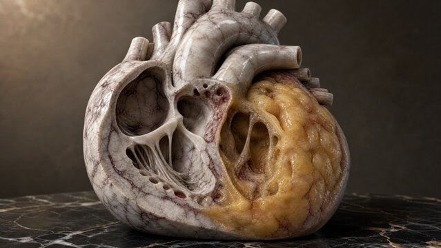 A marble-sculpted human heart cross-section with a glossy, fatty texture encroaching on one side.