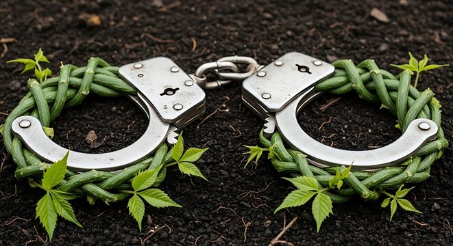 Metal handcuffs wrapped in green vines lying on black soil surface