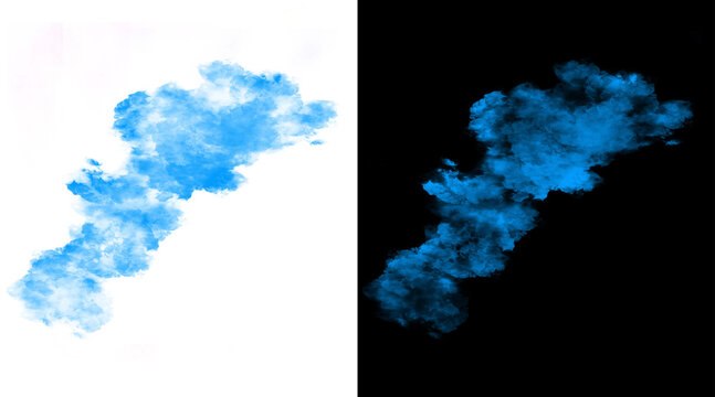 Blue smoke explosion on black and white background, vibrant ink in water splash effect, abstract cyan powder cloud for creative design overlays