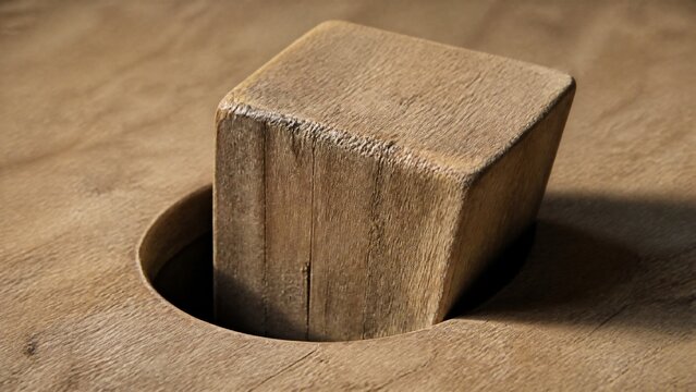 A square wooden peg attempts to fit into a round hole, showing worn edges.