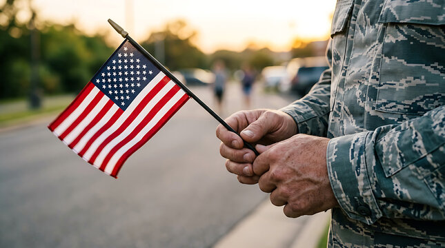 American Soldier Holding United States Flag In Military Uniform During Sunset Outdoor Background