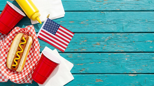 American hot dog with mustard and american flag on blue wooden table summer picnic