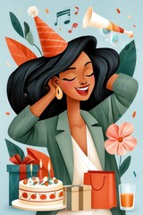 Fototapeta premium Cheerful woman in party hat celebrating birthday with cake, gifts and confetti illustration