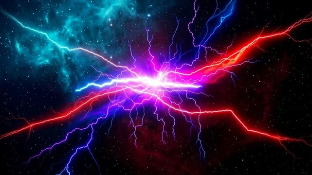 Abstract blue and orange energy lightning bolts colliding in dark space, electric power visualization, dynamic force concept, plasma effect, scientific phenomenon, futuristic technology background.