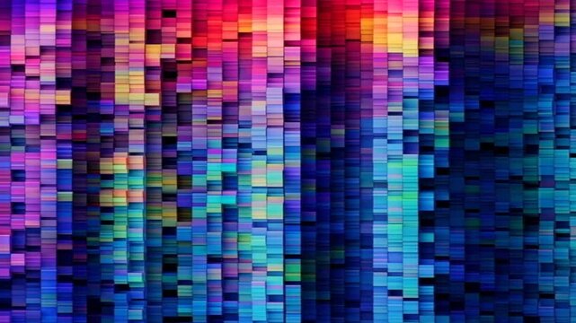 Abstract colorful mosaic pixel pattern in blue purple and pink tones, digital art background, retro technology visualization, data encryption concept, modern design element, cyber aesthetic.