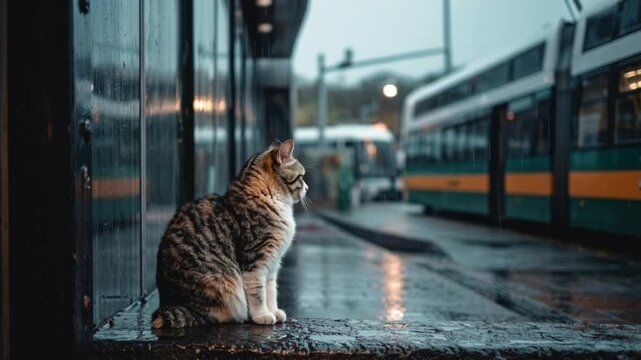 Striped tabby cat sitting alone at rainy train station platform, urban pet lifestyle, waiting for transportation, moody atmospheric scene, public transit companion animal, travel concept.
