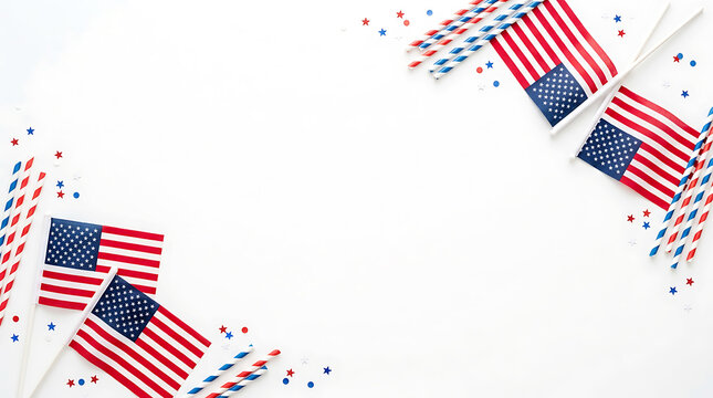 American flags and patriotic decorations on white background for fourth of july celebration