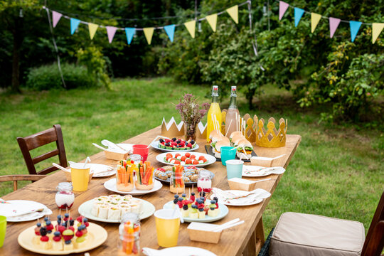 Colorful outdoor garden party setup.