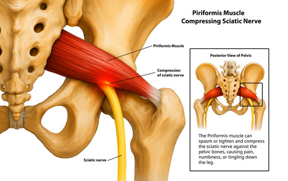 Piriformis muscle compressing sciatic nerve in pelvis 