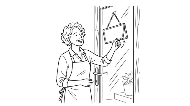 A smiling woman in an apron flipping an open sign on a shop door