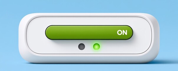 Fototapeta premium Green ON switch and indicator on a white rectangular power device against a blue background