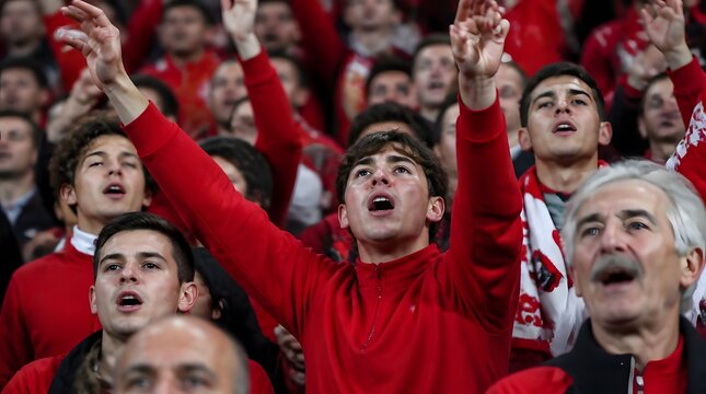 Passionate Football Supporters Cheer During Match Red Outfits