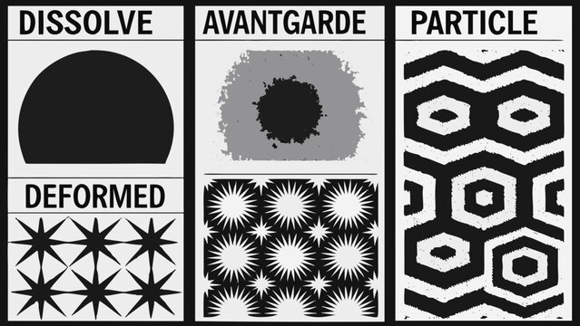 Four abstract black and white vector patterns with accompanying text labels arranged in a grid