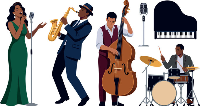 Jazz band music vector illustration element set featuring female singer saxophone player double bass drummer grand piano and vintage microphone for concert
