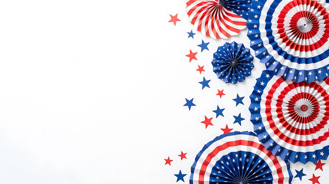 American patriotic celebration background with red white and blue paper fans and stars