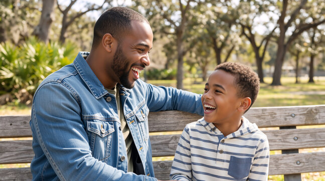 Happy Black father and son laughing together on a park bench. African American dad bonding with his young boy outdoors. Family love and parenting concept