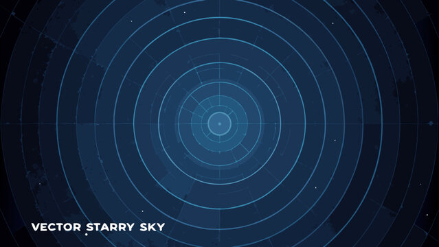 Concentric circles and stars vector illustration with a dark blue gradient background astronomy celestial constellation