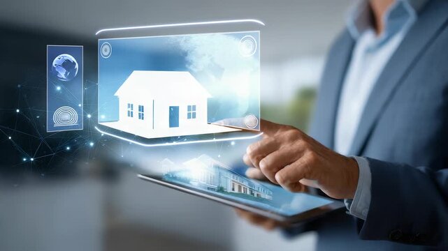 Businessman using futuristic digital tablet interface with holographic smart city and data visualization. Innovative technology concept for real estate, smart cities, and digital transformation trends
