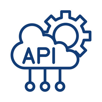 Blue outline icon representing cloud computing api development and integration concept transparent background