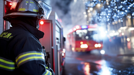 Firefighter standing next to fire truck on city street at night © dvoevnore