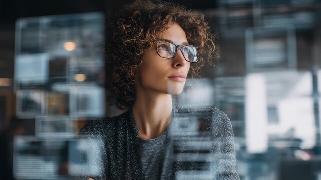 Confident businesswoman with curly hair and glasses looks thoughtfully at futuristic digital interface in modern office. Technology and innovation drive her professional success and vision