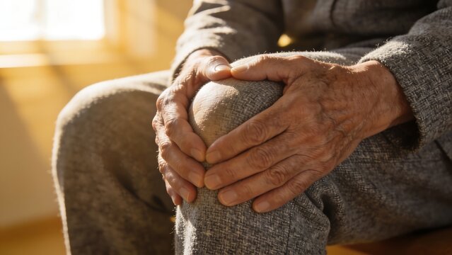 Elderly Person's Hands Clasping Knee in Pain