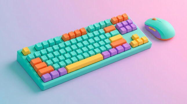 Colorful keyboard and mouse set rendered in 3D design style with vibrant keycaps and soft gradient background