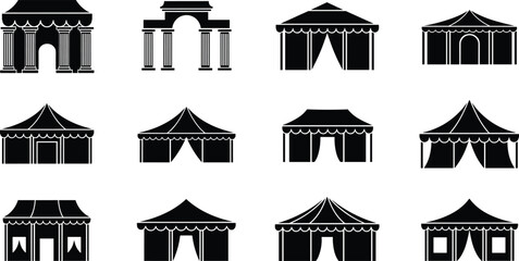Various tent and pavilion icons set. collection of vector symbols for outdoor events. © Emongrapic