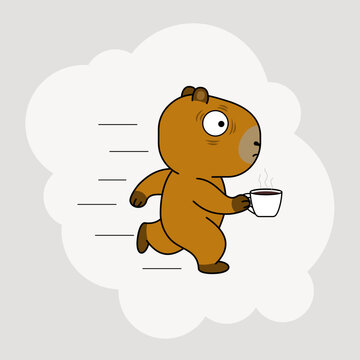  Tired cartoon capybara running fast with a hot cup of coffee, morning rush. EPS 10.