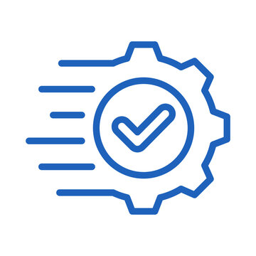 Fast moving blue gear icon with a central check mark symbol transparent background