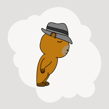 Cute Capybara Wearing Fedora Hat Bowin. Vector illustration. EPS 10.