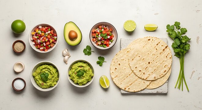 A top-down view of fresh ingredients for preparing traditional comida mexicana featuring tortillas guacamole salsa avocado lime and fresh cilantro