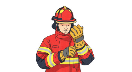 Fototapeta premium Firefighter in full protective gear putting on gloves.