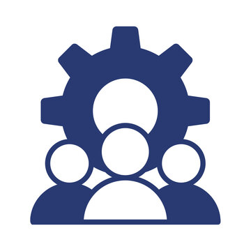 Flat blue icon representing team management with gear and people transparent background