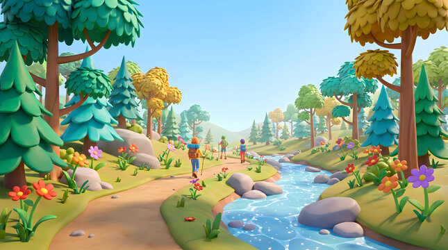 Cartoon style forest path with stream and hiking people in spring scenery