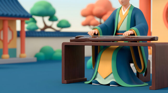 A young male figure in traditional Hanfu playing guqin in a serene courtyard setting rendered in 3D illustration style