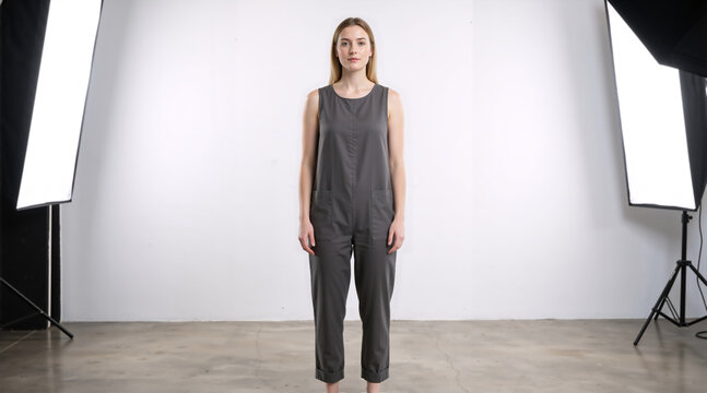 Full length portrait of young blonde woman standing in photography studio. Female model in grey jumpsuit posing between softbox lights on white background