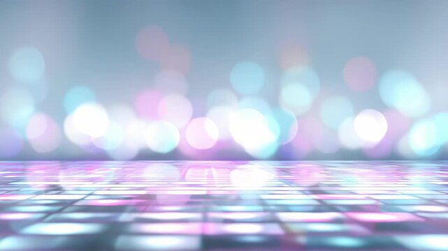 Abstract blurred bokeh lights in pastel colors reflecting on a shiny tiled surface, creating a dreamy futuristic background. Perfect for party, celebration, or digital design concepts