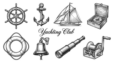 Obraz premium Vintage Yachting Club Nautical Vector Illustration Set with Engraved Style Marine Elements Like Anchor, Sailboat, Compass, and Ship's Wheel for Design Projects.