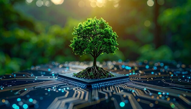 Green tree growing on computer circuit board symbolizing sustainable technology