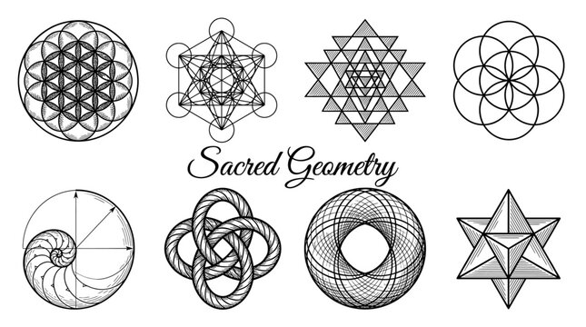 Set of Sacred Geometry Symbols including Flower of Life, Metatron's Cube, Sri Yantra, and Golden Ratio Spiral. Vector black line art illustration for spiritual, yoga, and meditation designs.