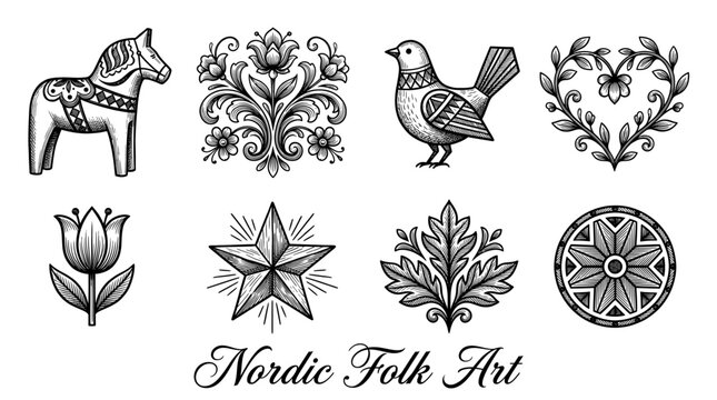 Scandinavian Nordic Folk Art Vector Illustrations Set, Dala Horse, Birds, Flowers, and Traditional Ornaments in Hand-Drawn Woodcut Style